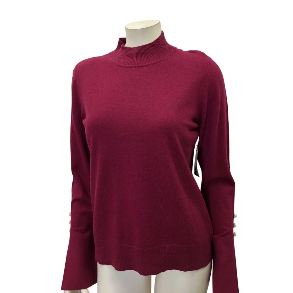CeCe Womens Burgundy Mock Neck Sweater With Pearl Button Cuffs M NWT